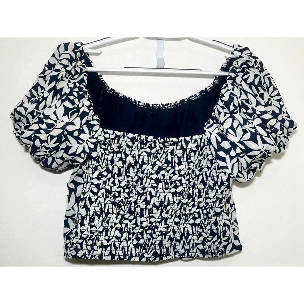 Abercrombie & Fitch Blue Floral Smocked Puff Sleeve Crop Top XL